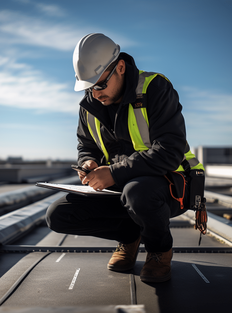 MDMILLER13 A roof inspector examining a flat white TPO roof Pro eeaa6488 643a 4557 80c3 420a88fbd76e 1 e1689176734807